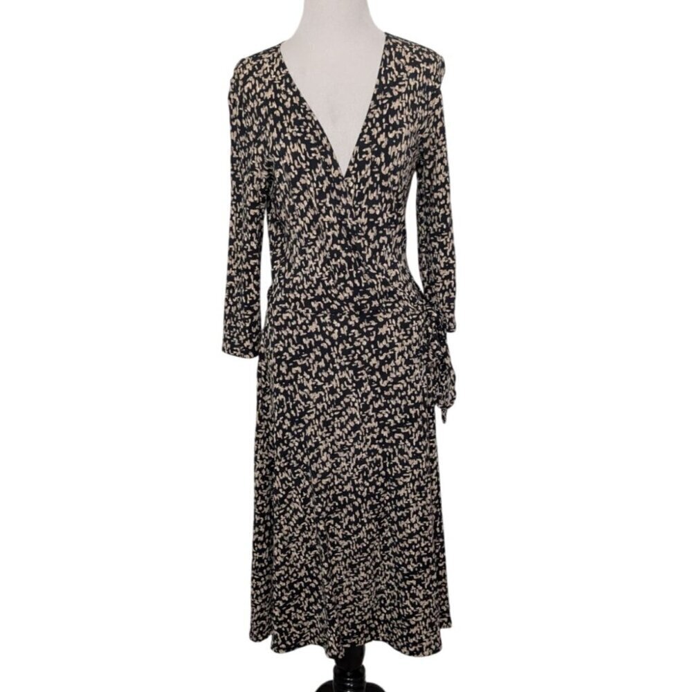 Talbots Patterned Wrap Dress Womens Petite Size 6 Black Beige Rayon Stretch